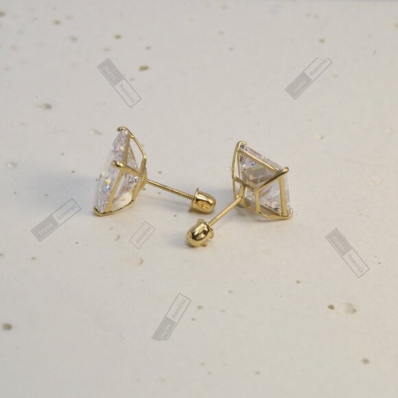 14K Solid Gold Earrings · Clear Square-Cut Cubic Zirconia · 8 mm. - Picture 4 of 6